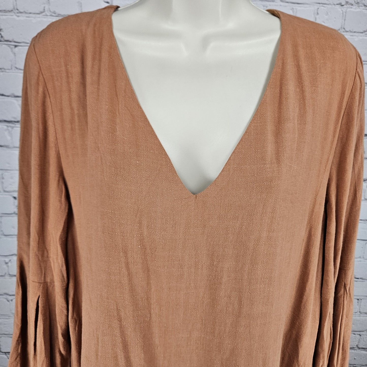 NWT Loveriche Camel Orange Linen Blend Long Bell Sleeves Lined Short Dress Large