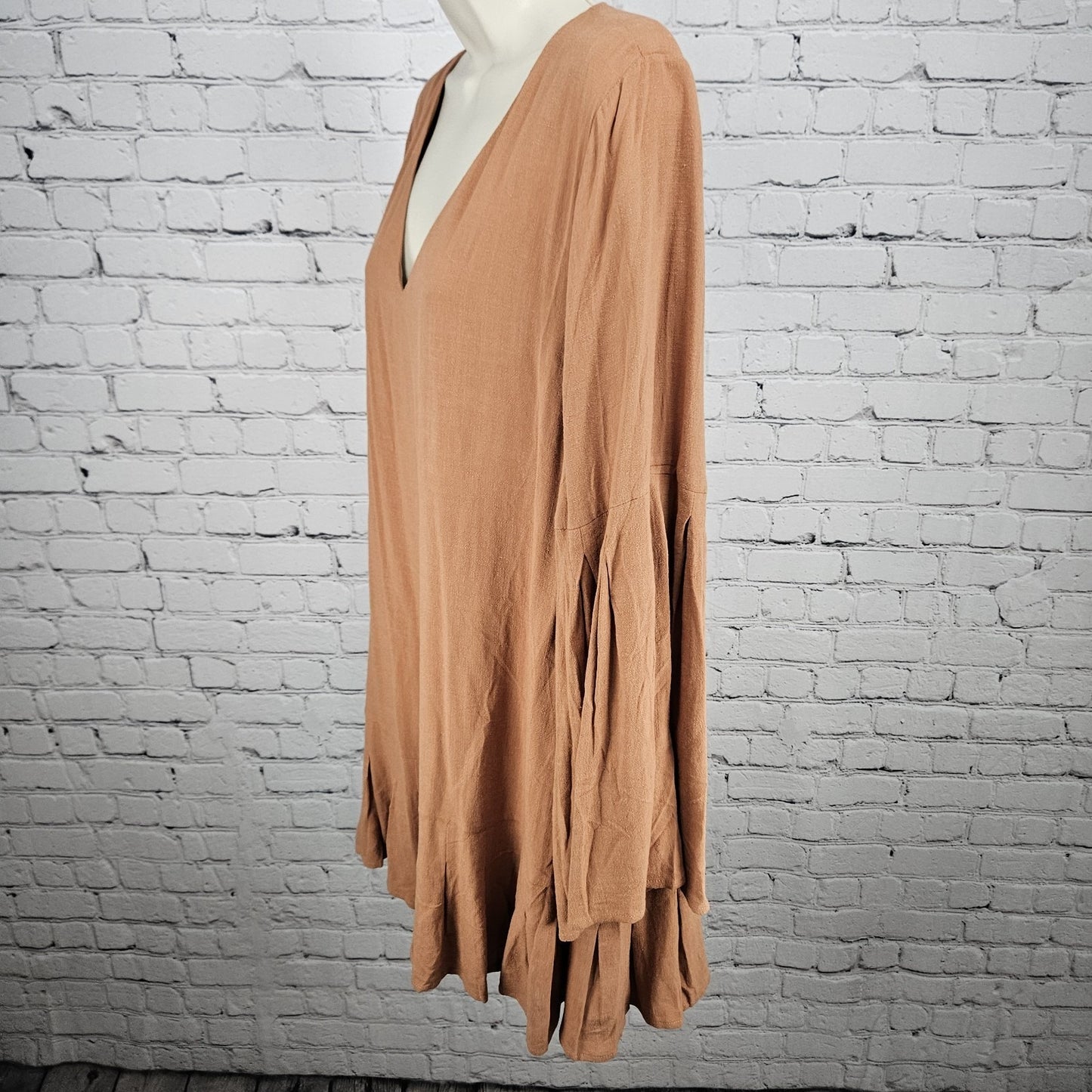 NWT Loveriche Camel Orange Linen Blend Long Bell Sleeves Lined Short Dress Large