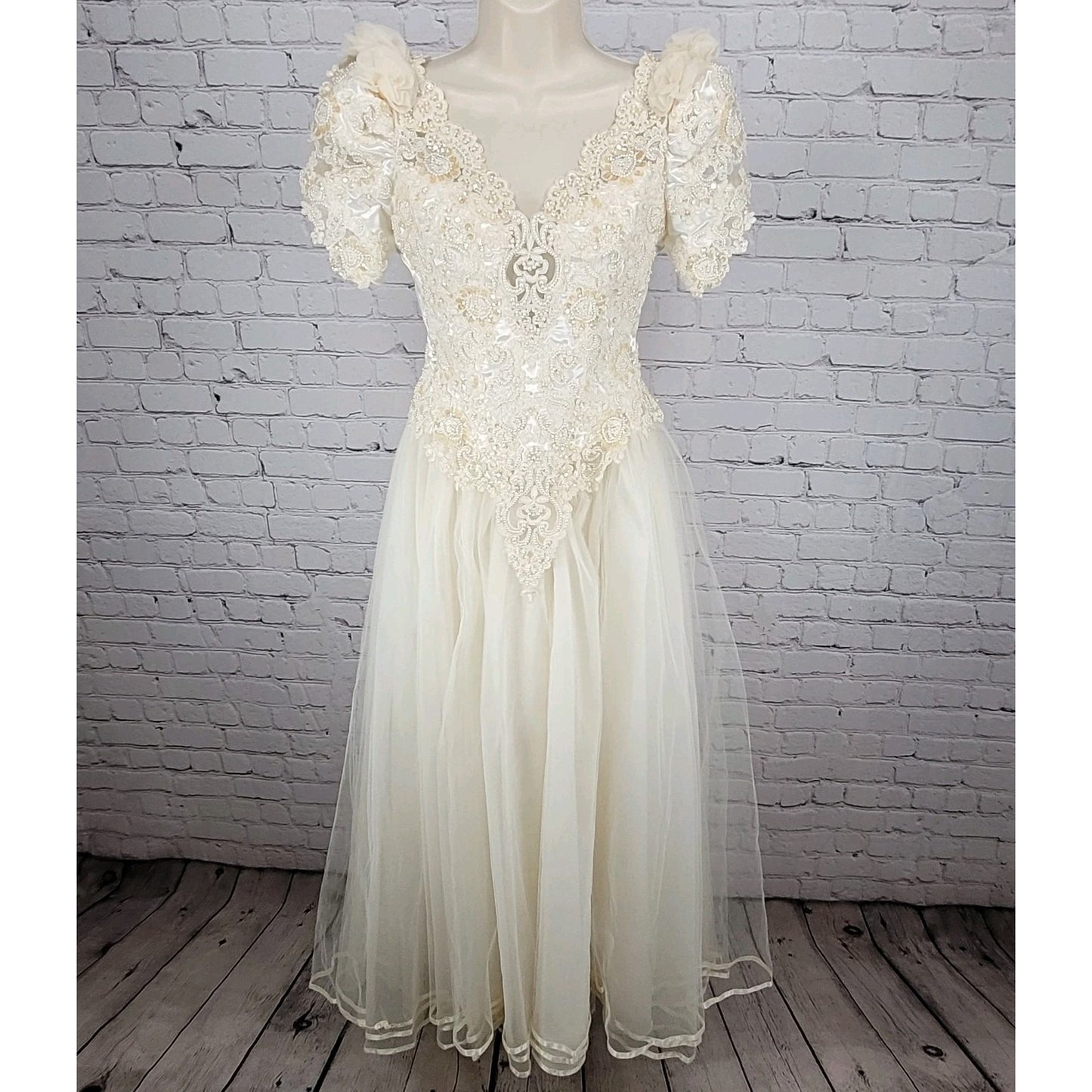Pallas Athena Ivory Satin Embroidered Beaded Bridal Wedding Dress Gown Size P12