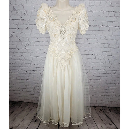 Pallas Athena Ivory Satin Embroidered Beaded Bridal Wedding Dress Gown Size P12