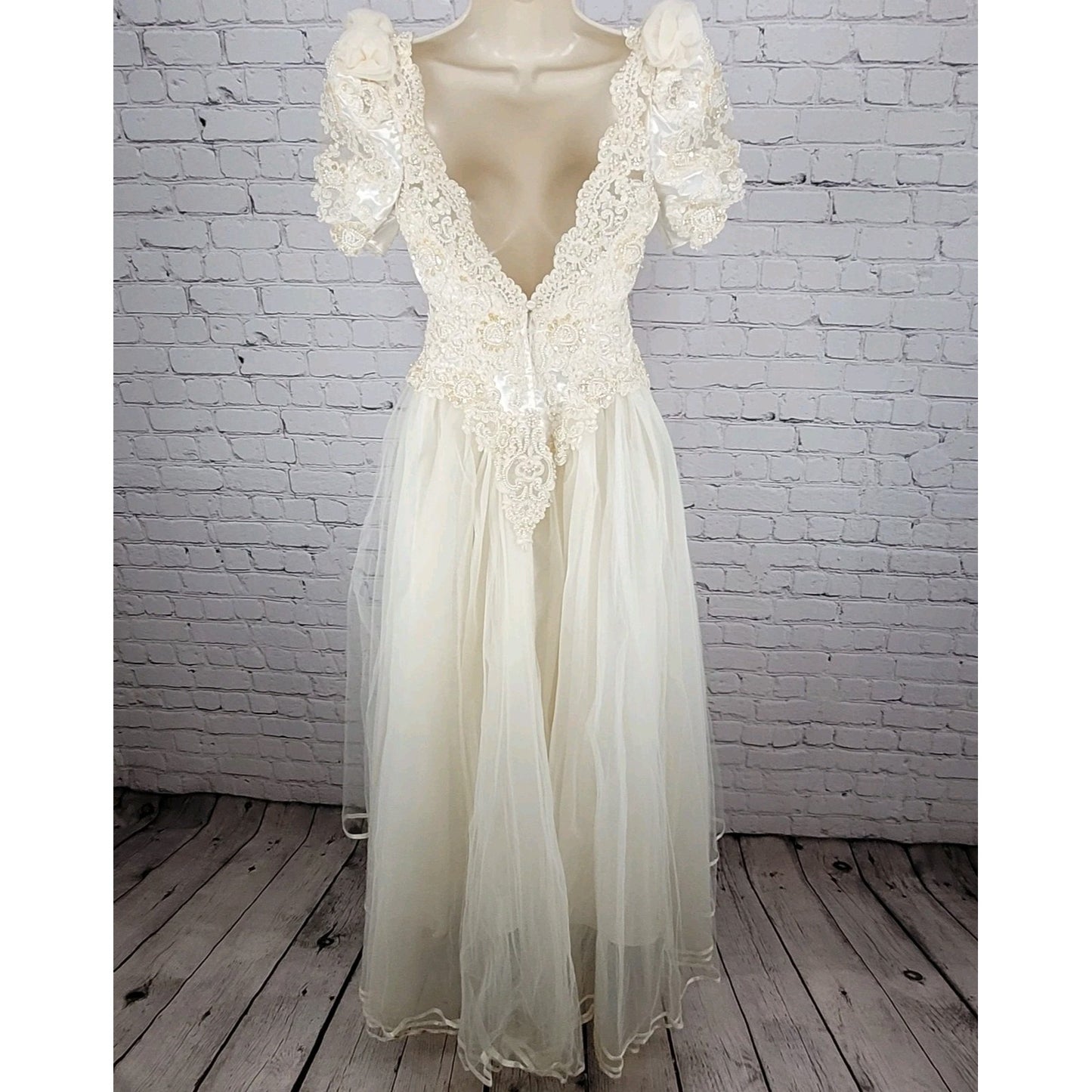 Pallas Athena Ivory Satin Embroidered Beaded Bridal Wedding Dress Gown Size P12