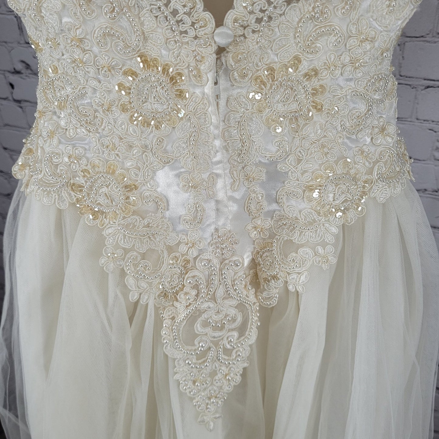 Pallas Athena Ivory Satin Embroidered Beaded Bridal Wedding Dress Gown Size P12