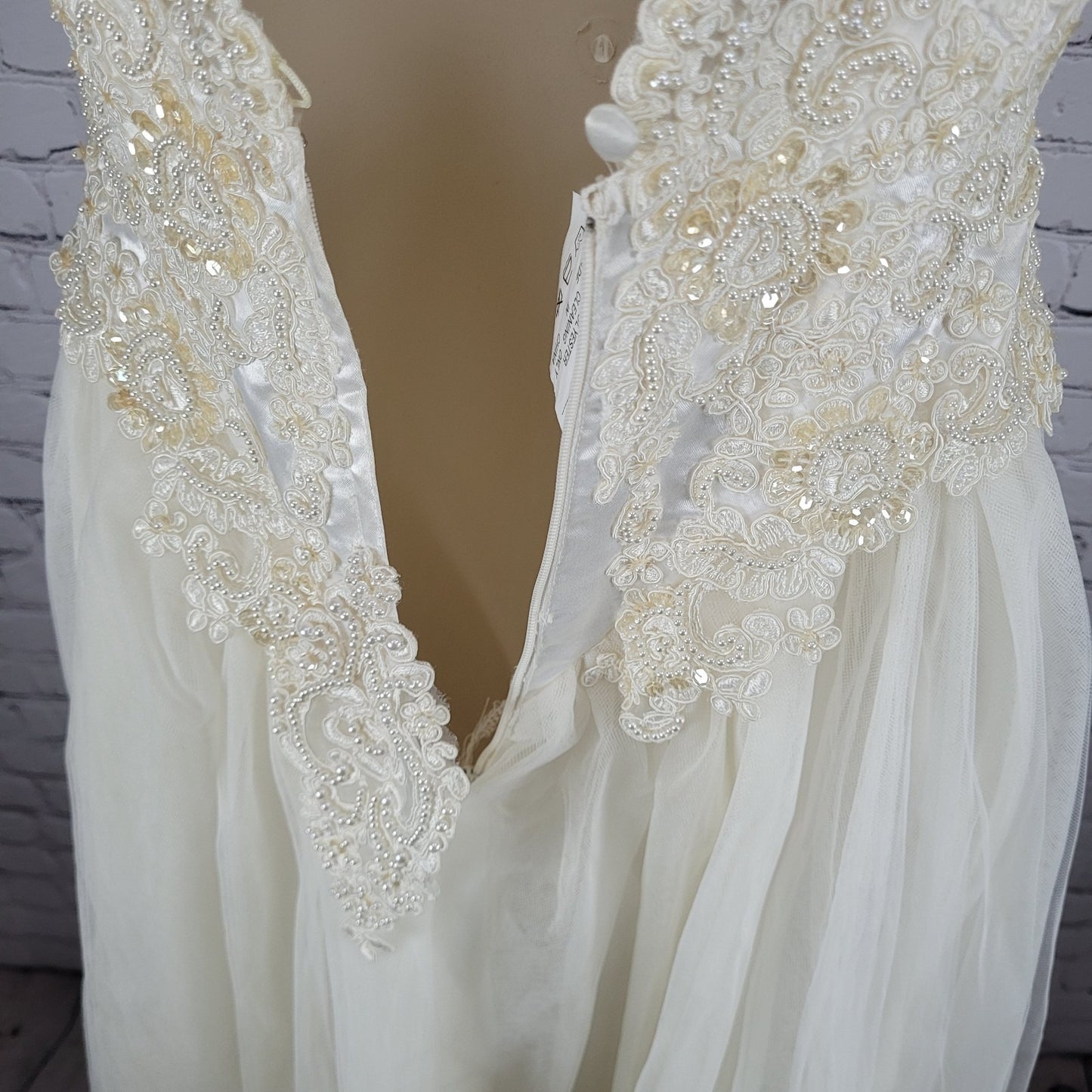 Pallas Athena Ivory Satin Embroidered Beaded Bridal Wedding Dress Gown Size P12