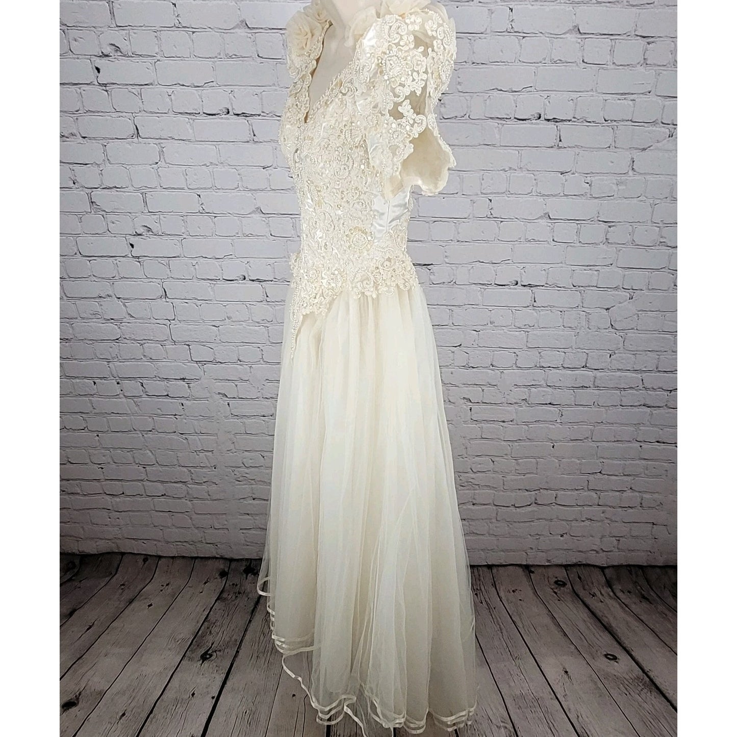 Pallas Athena Ivory Satin Embroidered Beaded Bridal Wedding Dress Gown Size P12