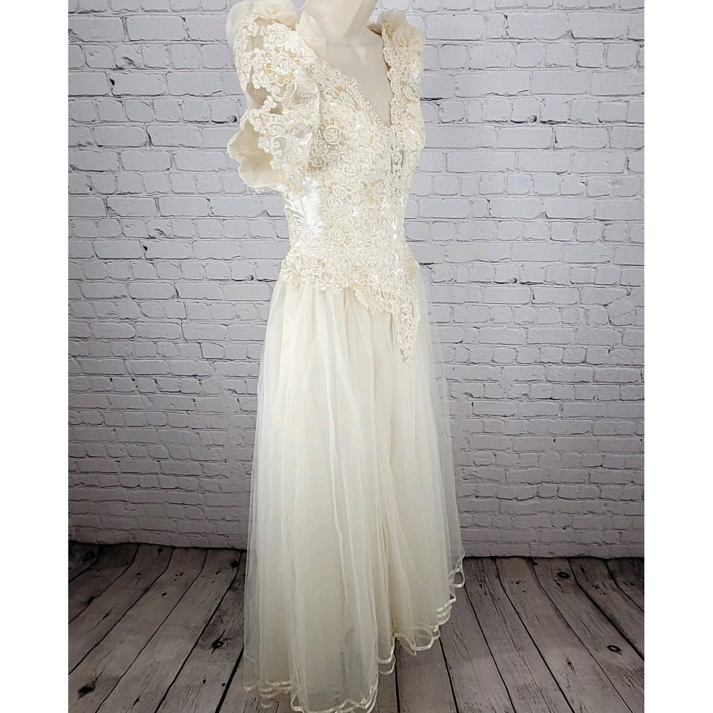 Pallas Athena Ivory Satin Embroidered Beaded Bridal Wedding Dress Gown Size P12