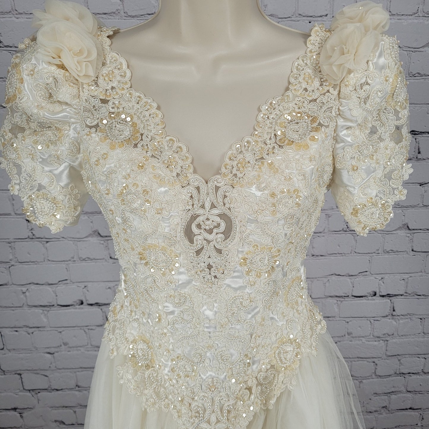 Pallas Athena Ivory Satin Embroidered Beaded Bridal Wedding Dress Gown Size P12
