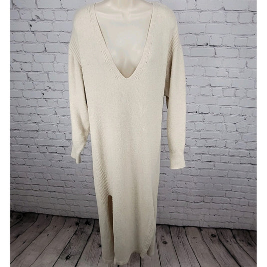 Free People Beige Plunge Long Sleeve Side Slits Maxi Sweater Dress Size Medium M
