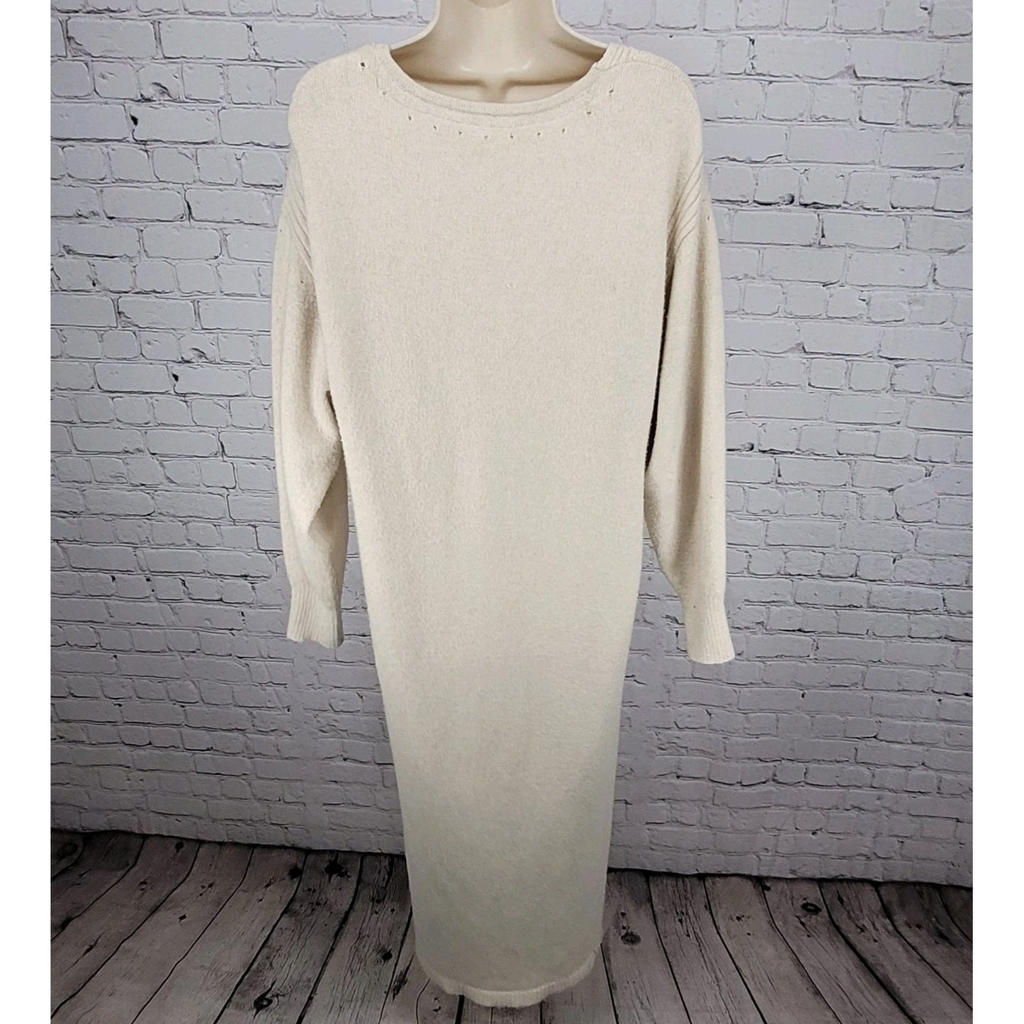 Free People Beige Plunge Long Sleeve Side Slits Maxi Sweater Dress Size Medium M