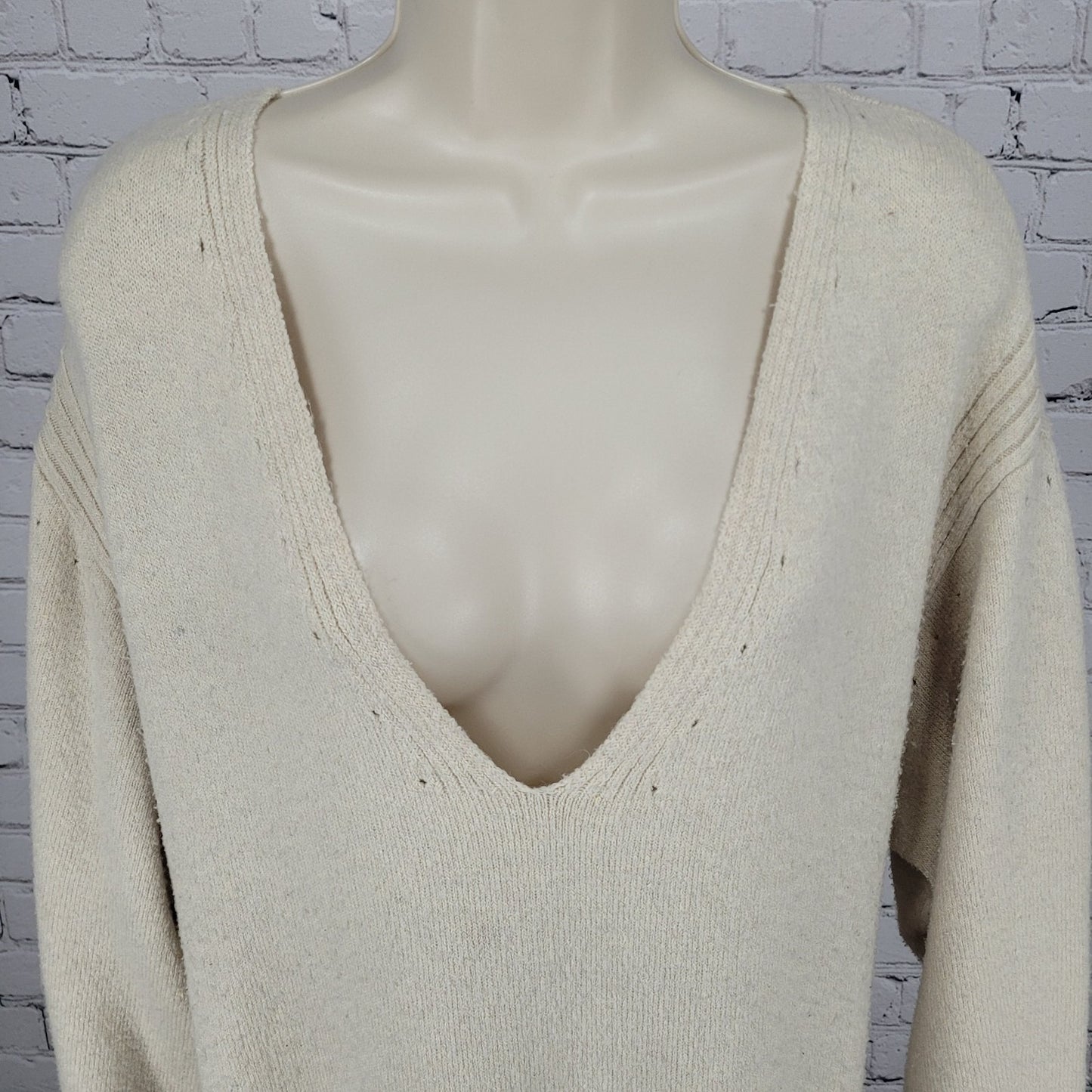 Free People Beige Plunge Long Sleeve Side Slits Maxi Sweater Dress Size Medium M