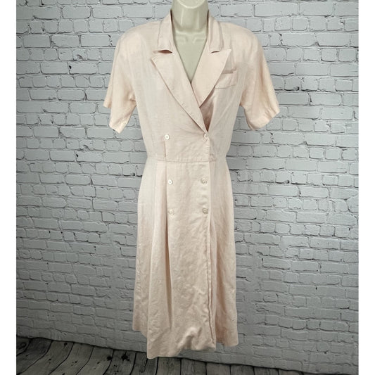 VTG JG Hook Pink Linen Blend Button Up Collared Padded Shirt Midi Dress Size 8