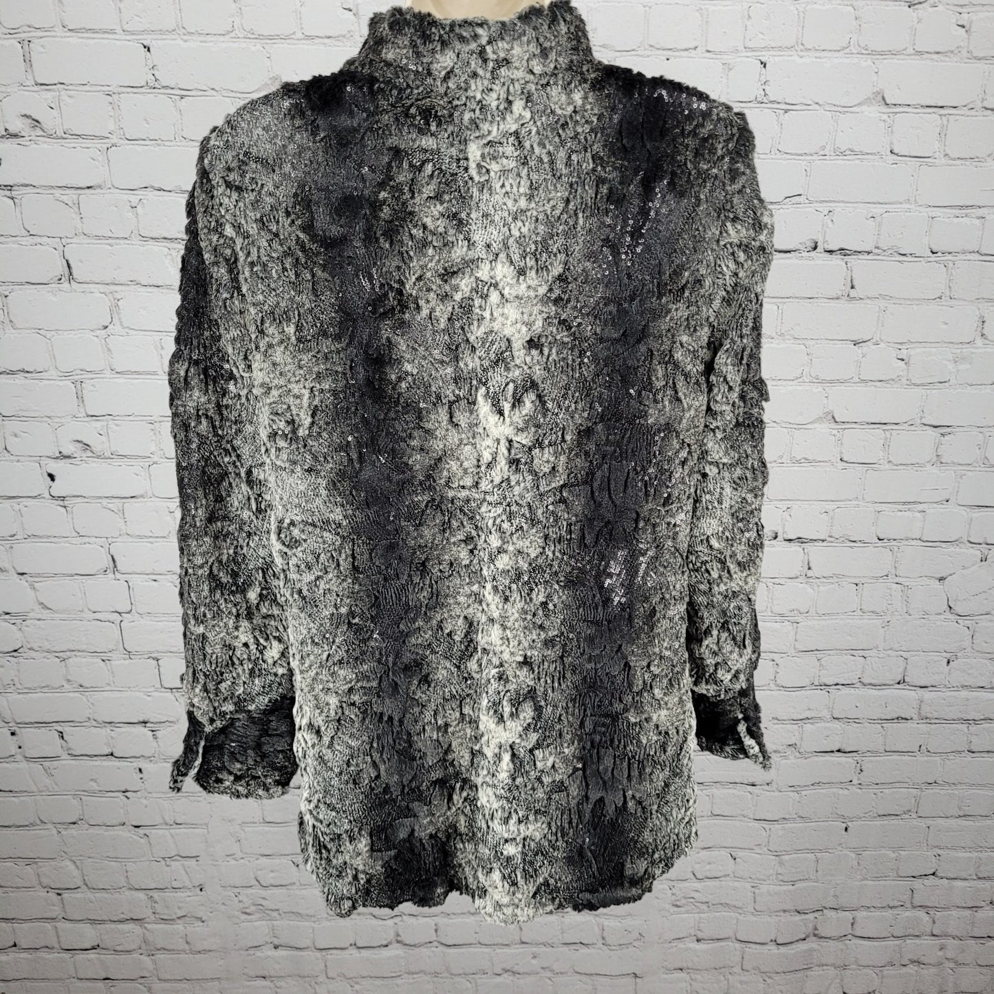 Stevie Mac New York Grey Faux Fur Sequin Pockets Snap Lined Over Coat Size 10