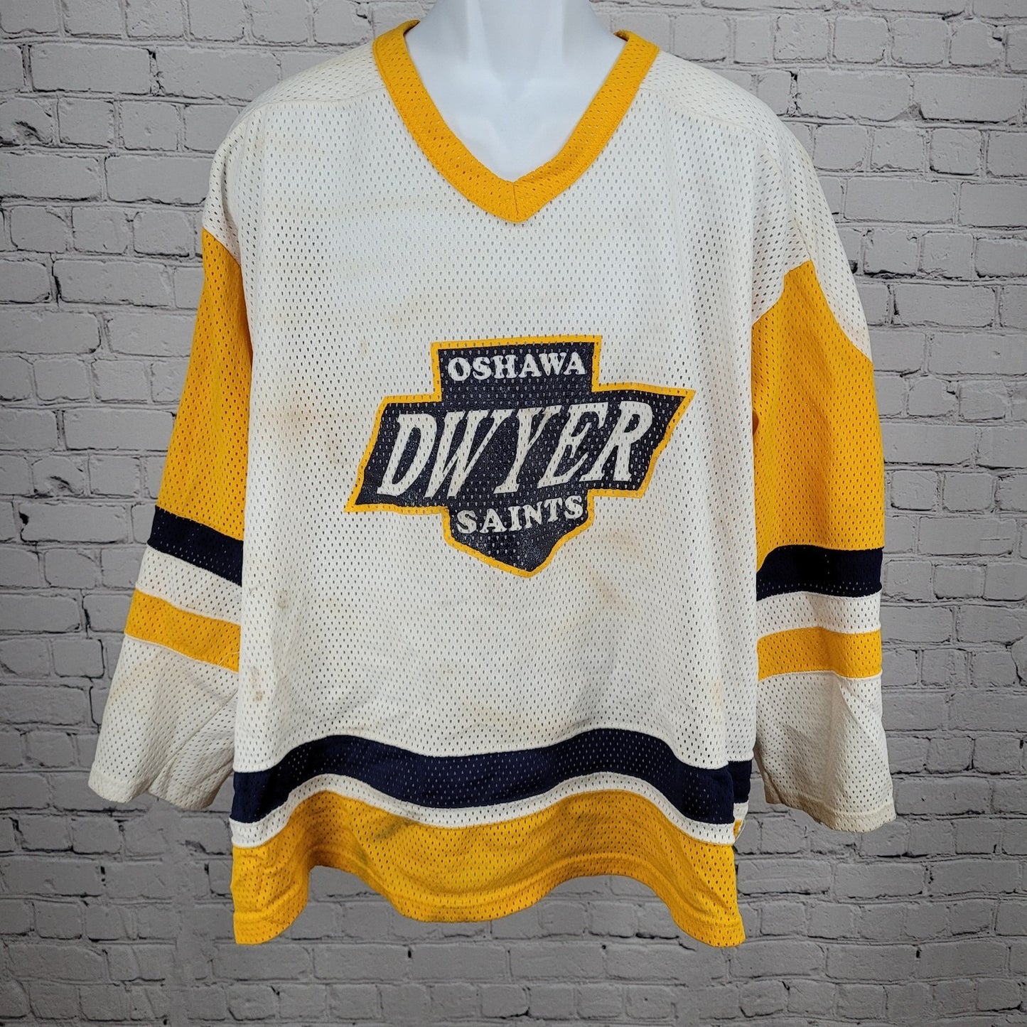 Oshawa Saints Dwyer #9 White Yellow Navy Long Sleeve Hockey Jersey XXL
