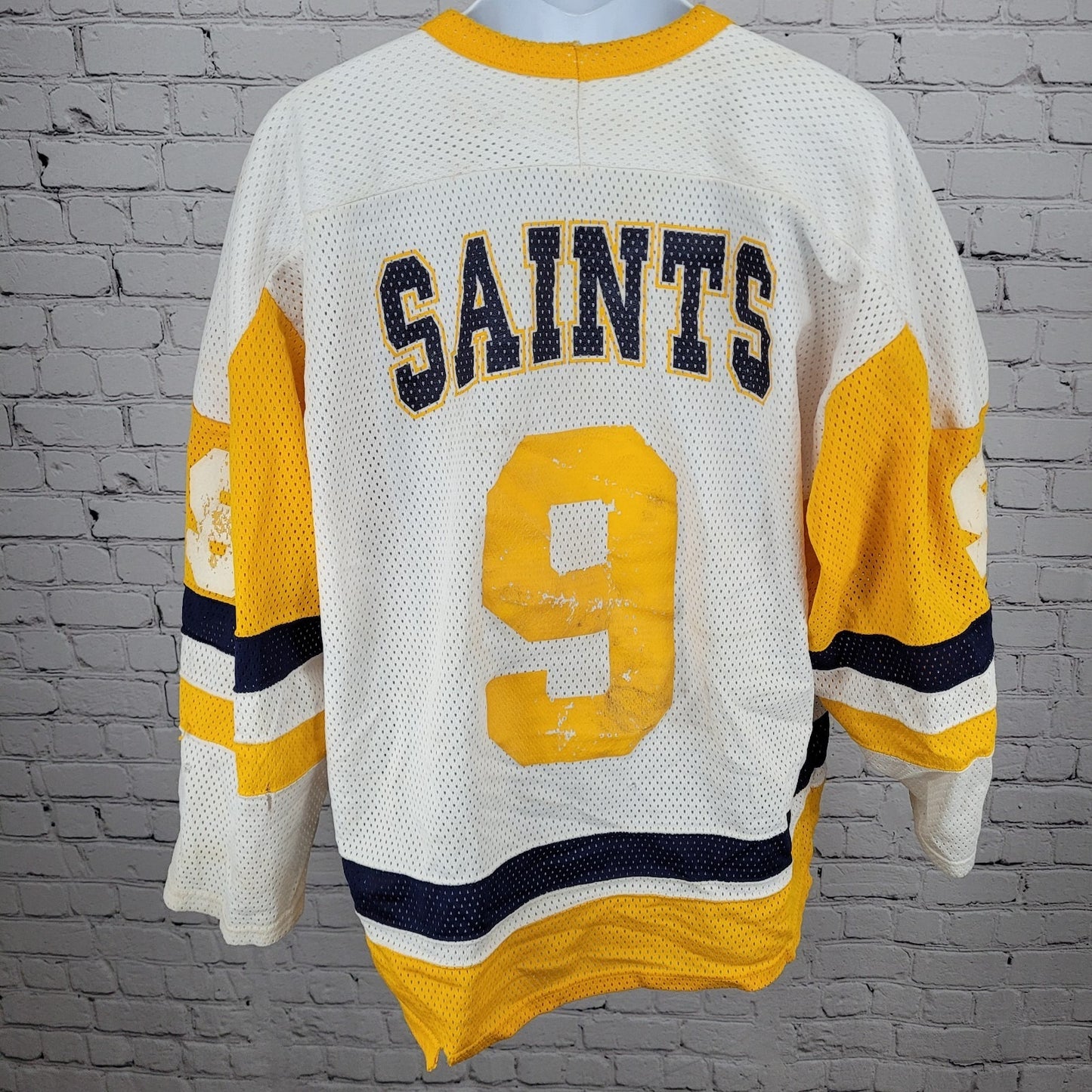 Oshawa Saints Dwyer #9 White Yellow Navy Long Sleeve Hockey Jersey XXL