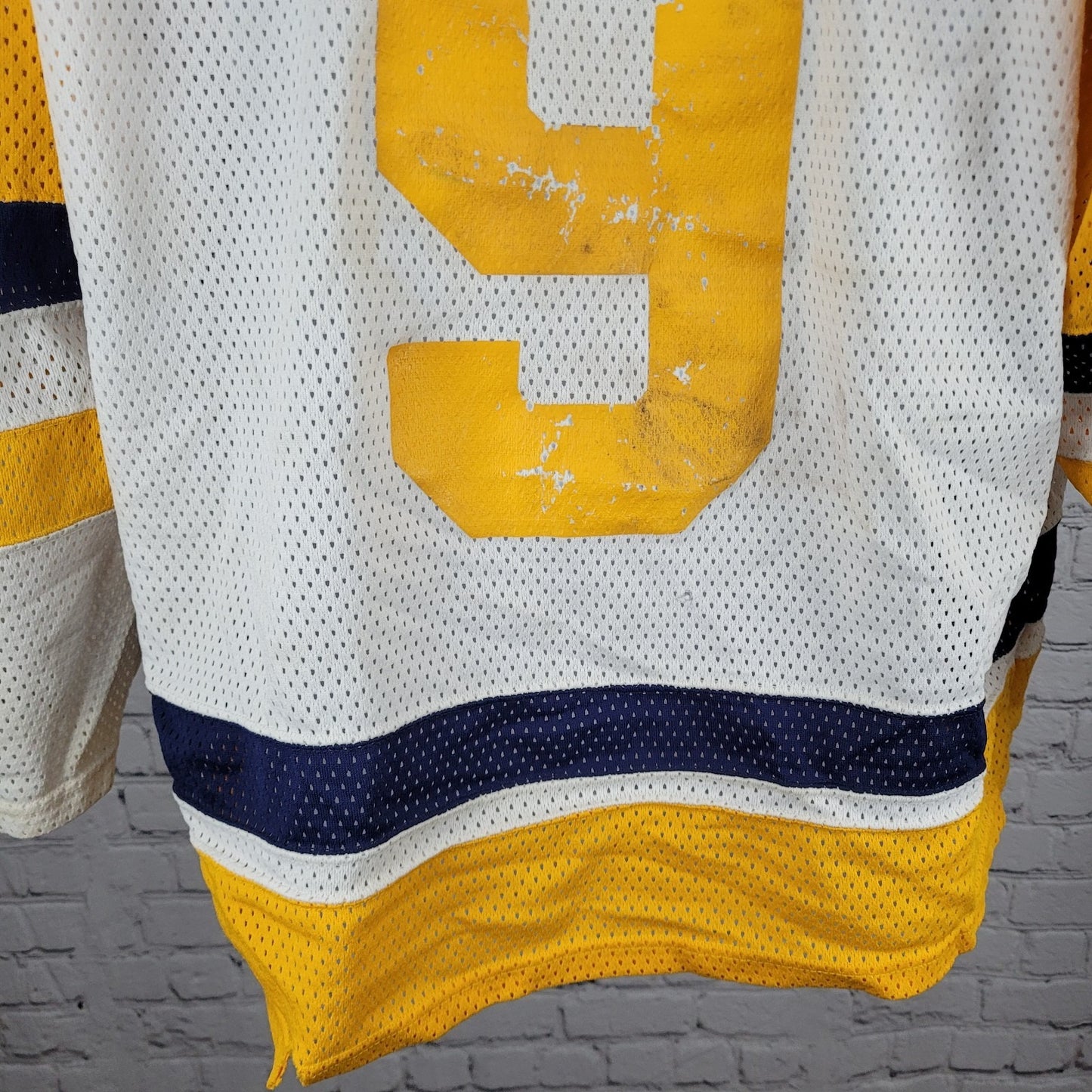 Oshawa Saints Dwyer #9 White Yellow Navy Long Sleeve Hockey Jersey XXL