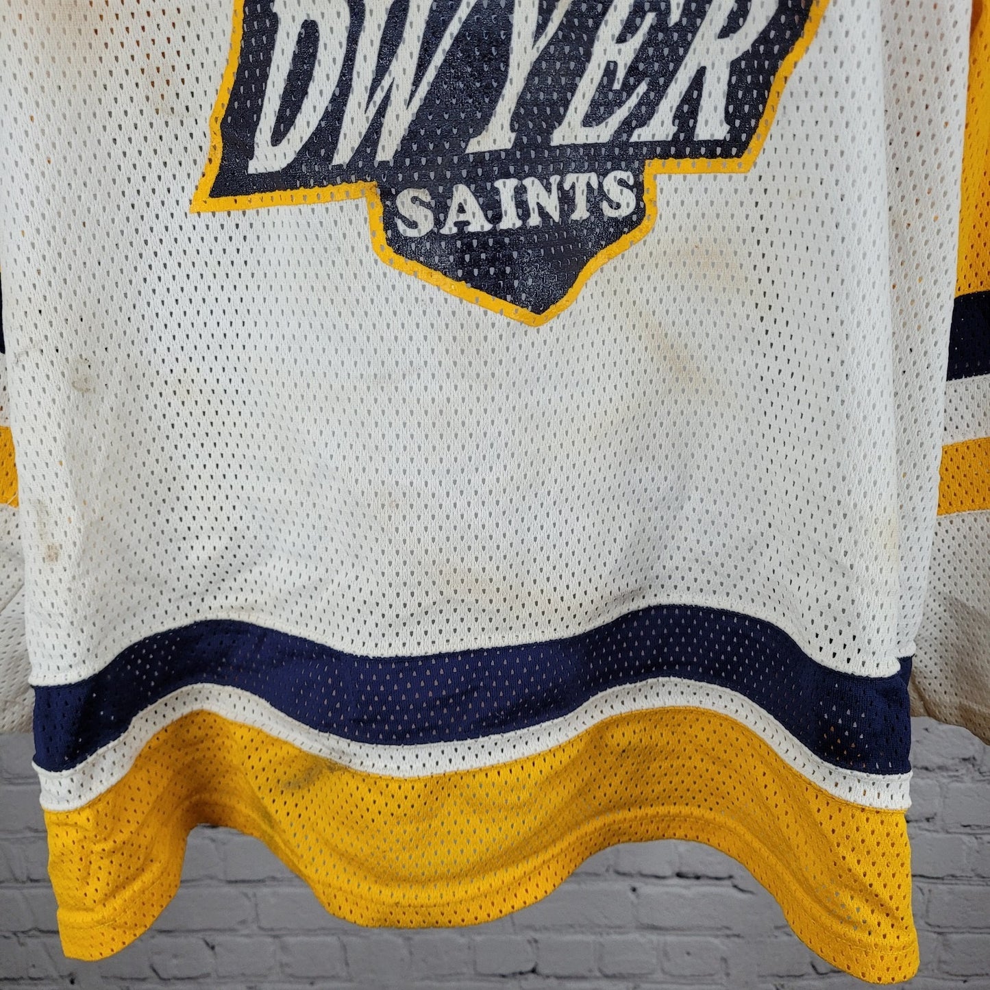 Oshawa Saints Dwyer #9 White Yellow Navy Long Sleeve Hockey Jersey XXL