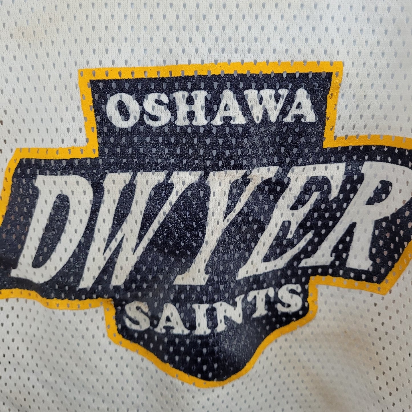 Oshawa Saints Dwyer #9 White Yellow Navy Long Sleeve Hockey Jersey XXL