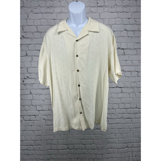 Tom James Embroidered Ivory Short Sleeve Button Down Silk Blend Shirt Men’s XL
