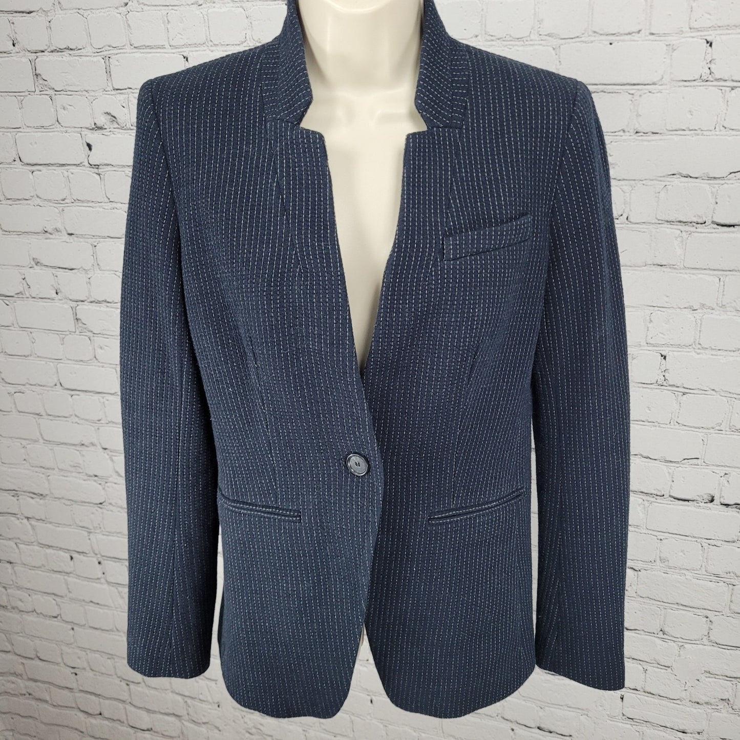 Ann Taylor Loft Navy Pinstriped 1 Button Vented Stretch Blazer Jacket Size 0