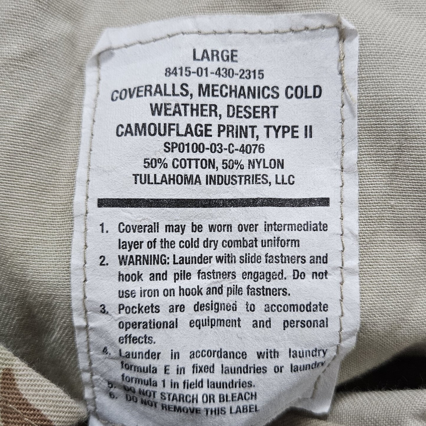 US Military Desert Camouflage Mechanics Cold Weather Uniform Coveralls Large L