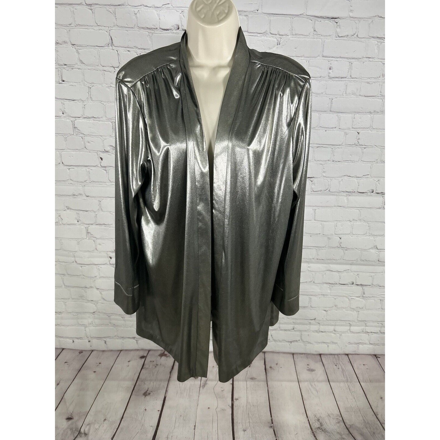 VTG Joanna Silver Semi Sheer Shoulder Pad Open Front Cardigan Women’s Size L