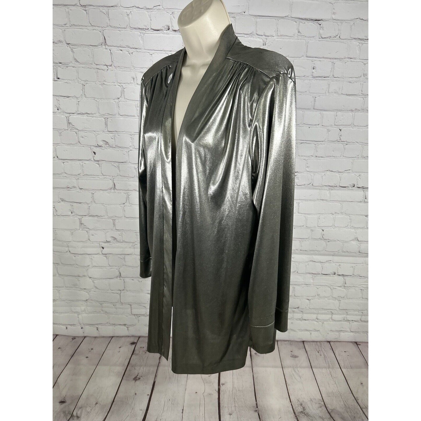 VTG Joanna Silver Semi Sheer Shoulder Pad Open Front Cardigan Women’s Size L