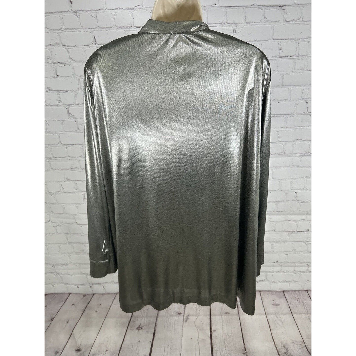 VTG Joanna Silver Semi Sheer Shoulder Pad Open Front Cardigan Women’s Size L