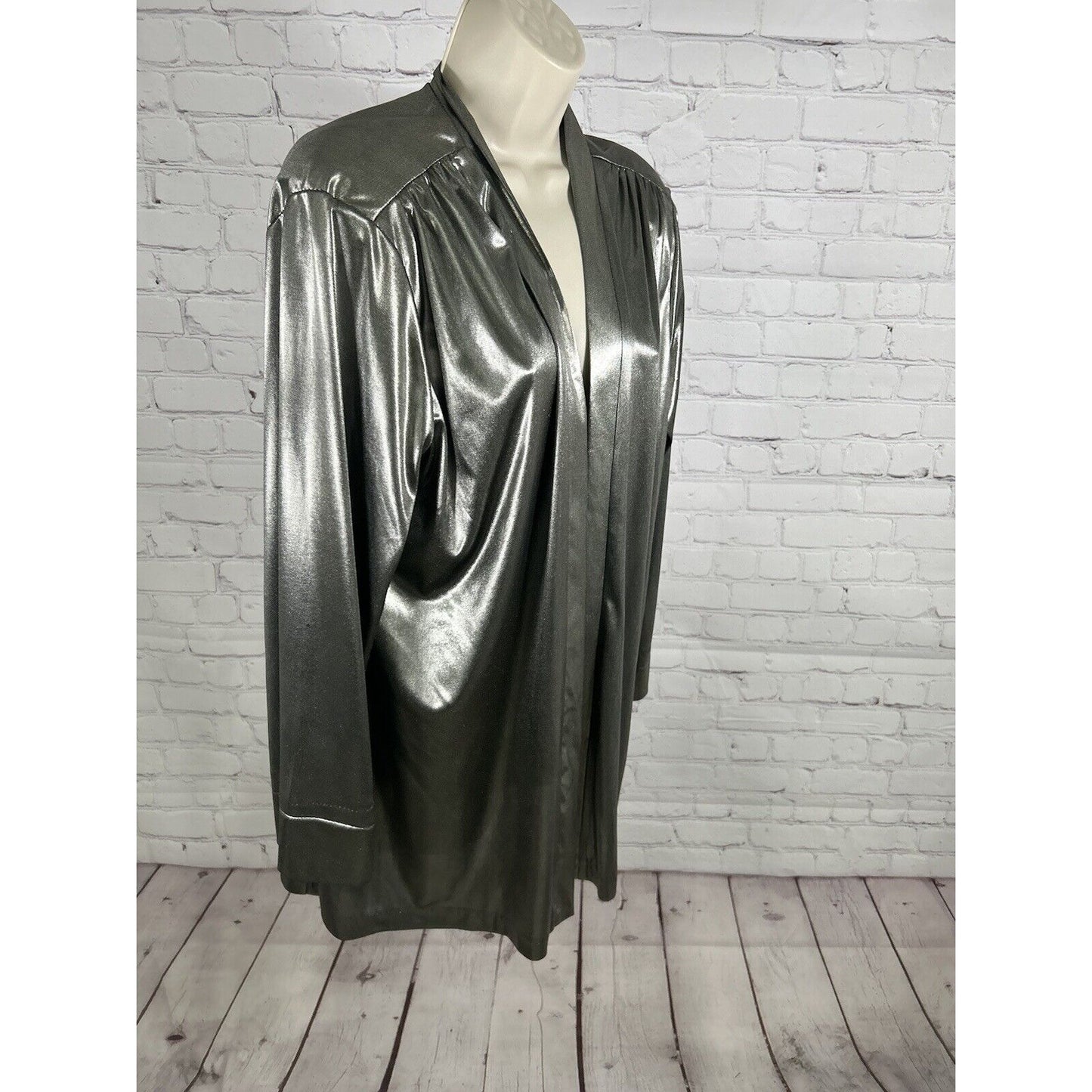 VTG Joanna Silver Semi Sheer Shoulder Pad Open Front Cardigan Women’s Size L