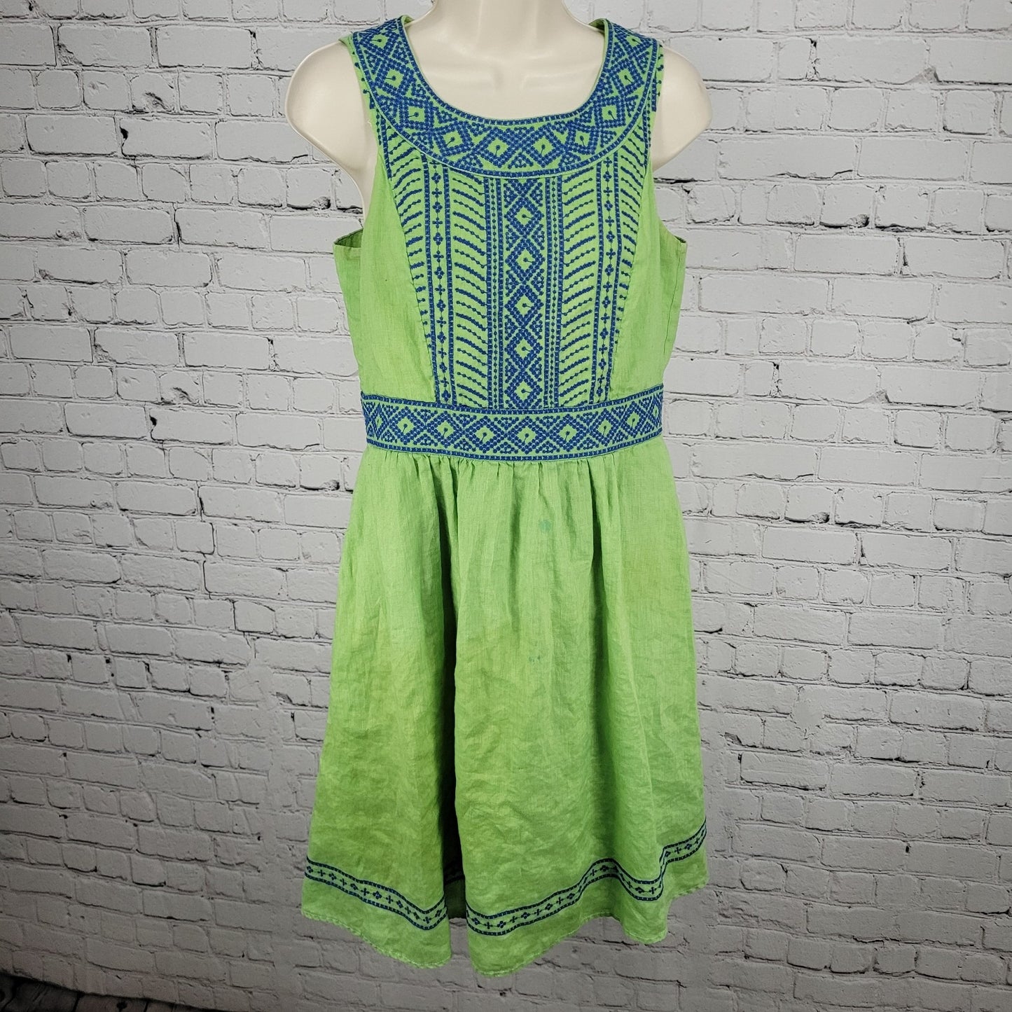 Lands’ End Green 100% Linen Embroidered Sleeveless Lined Short A-Line Dress 6