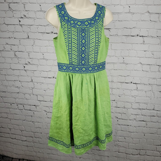 Lands’ End Green 100% Linen Embroidered Sleeveless Lined Short A-Line Dress 6