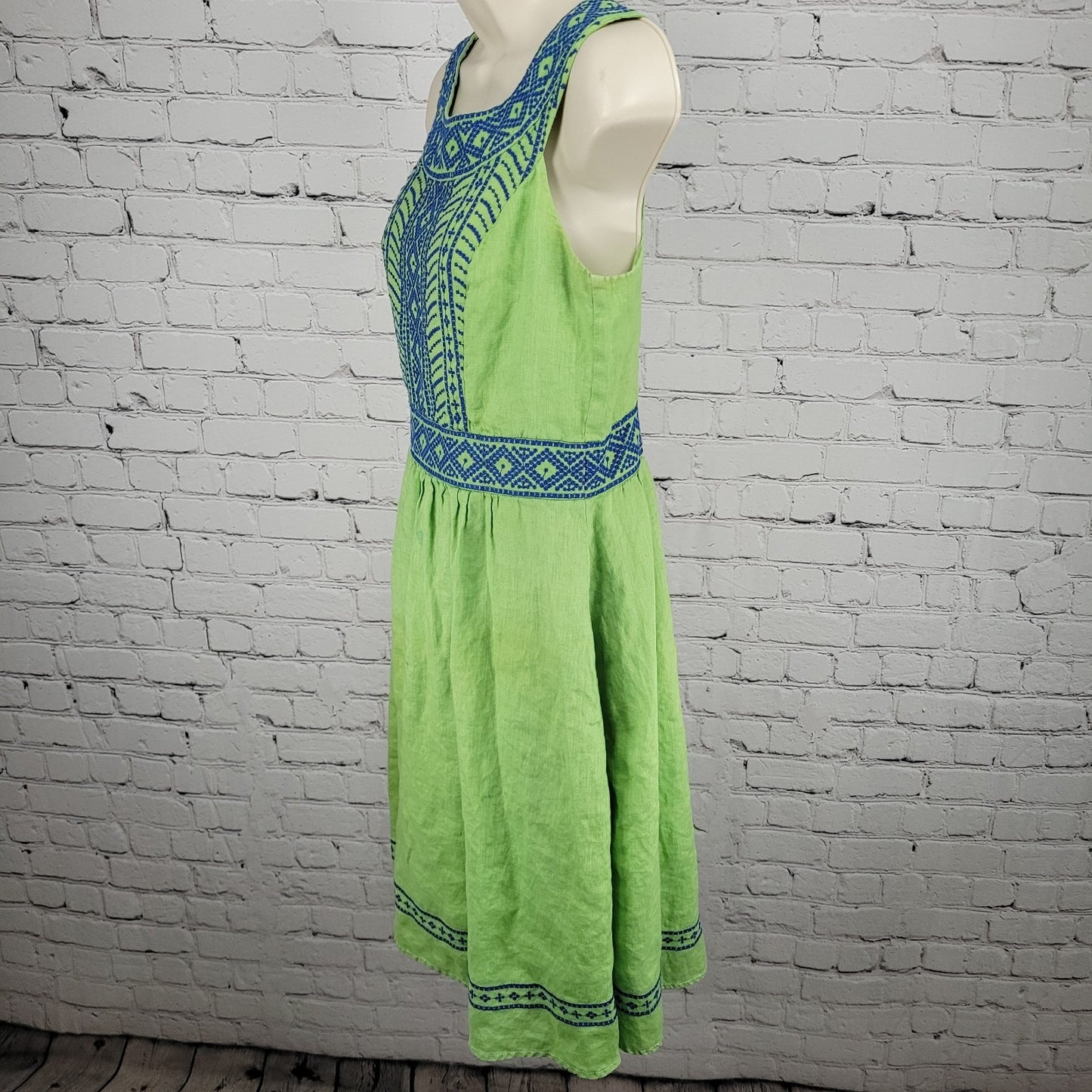 Lands’ End Green 100% Linen Embroidered Sleeveless Lined Short A-Line Dress 6