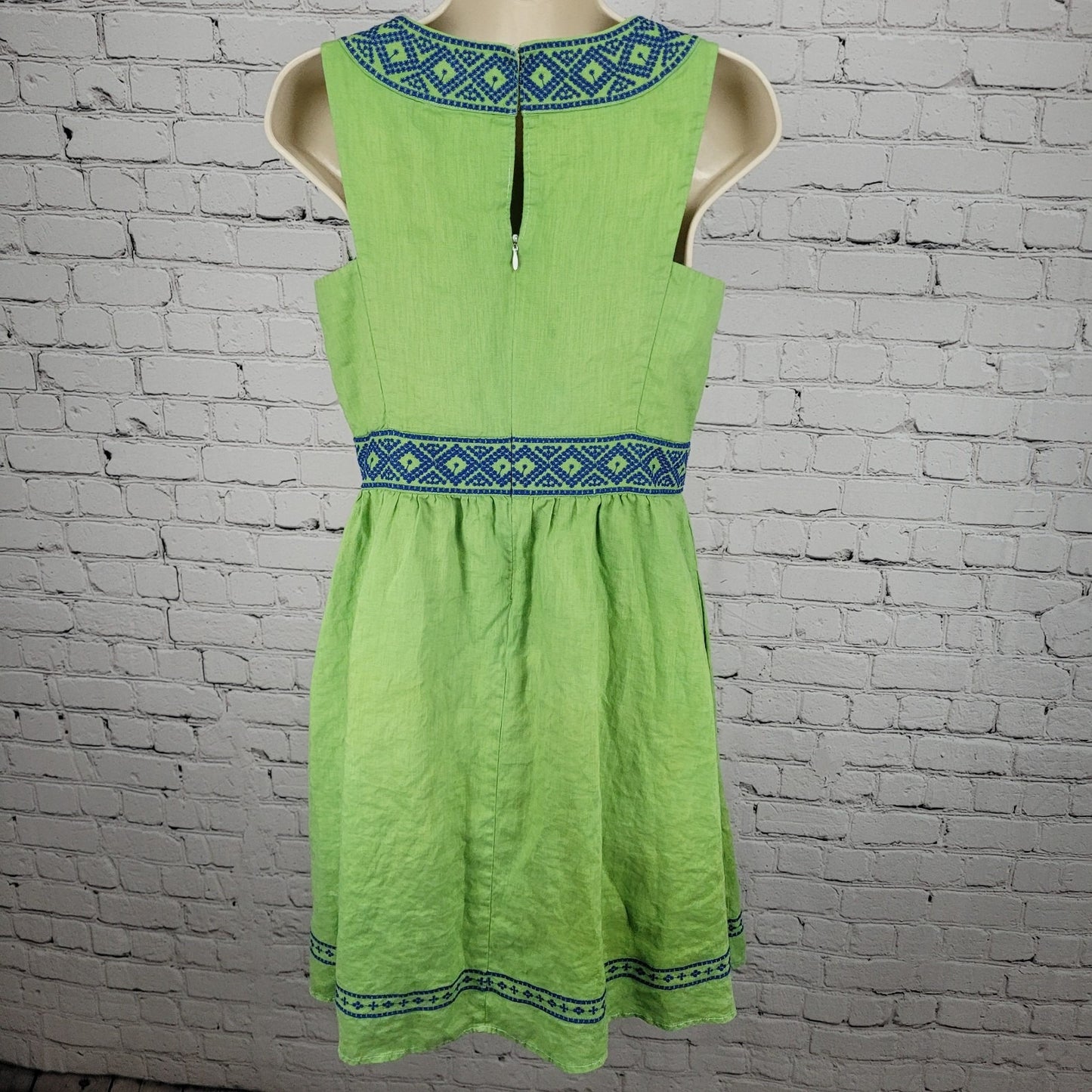 Lands’ End Green 100% Linen Embroidered Sleeveless Lined Short A-Line Dress 6