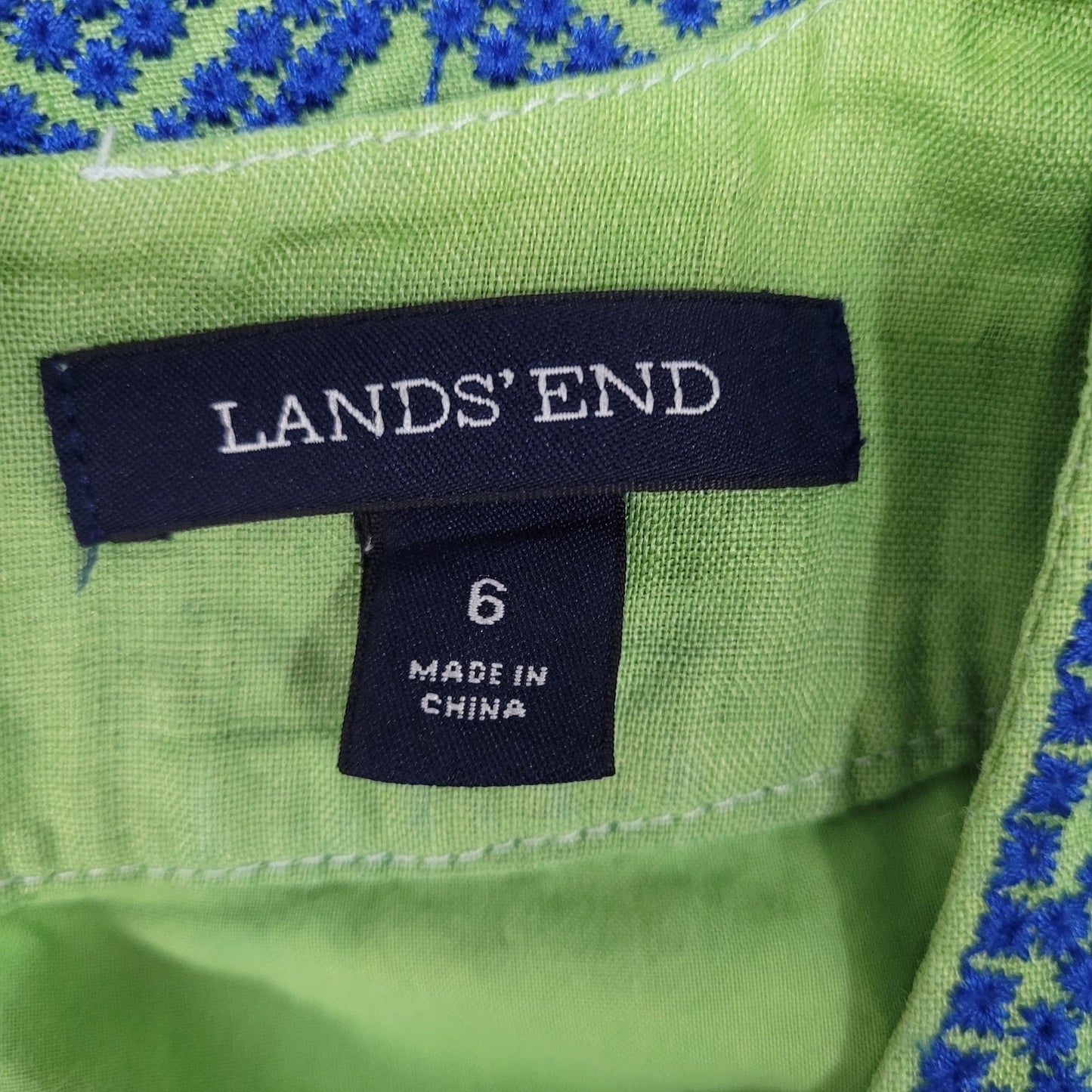 Lands’ End Green 100% Linen Embroidered Sleeveless Lined Short A-Line Dress 6