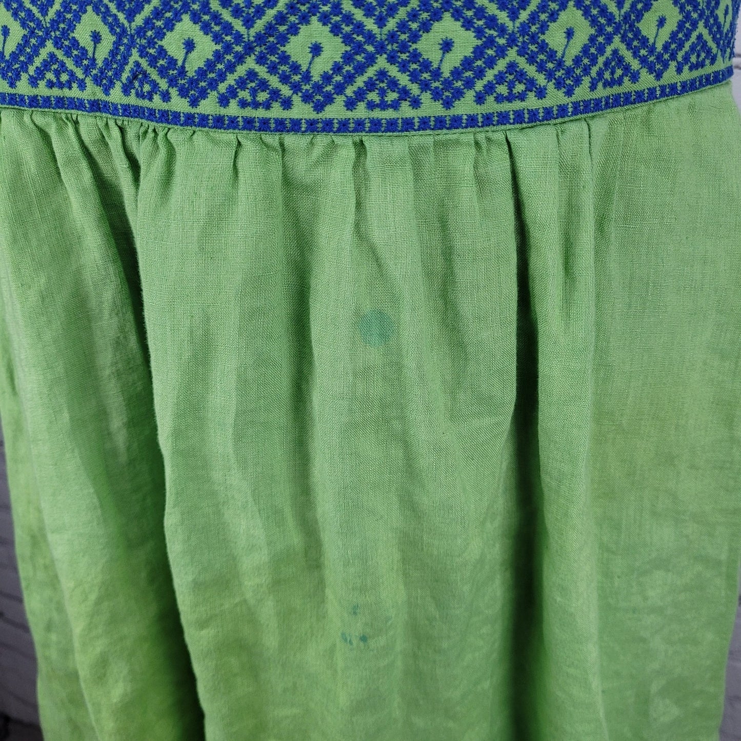 Lands’ End Green 100% Linen Embroidered Sleeveless Lined Short A-Line Dress 6
