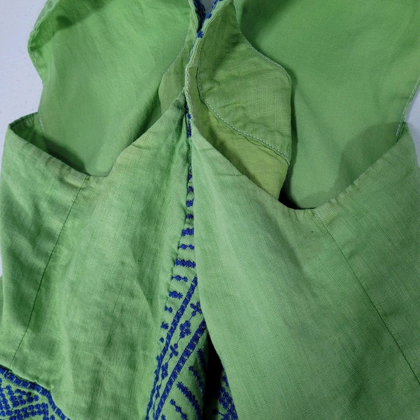 Lands’ End Green 100% Linen Embroidered Sleeveless Lined Short A-Line Dress 6