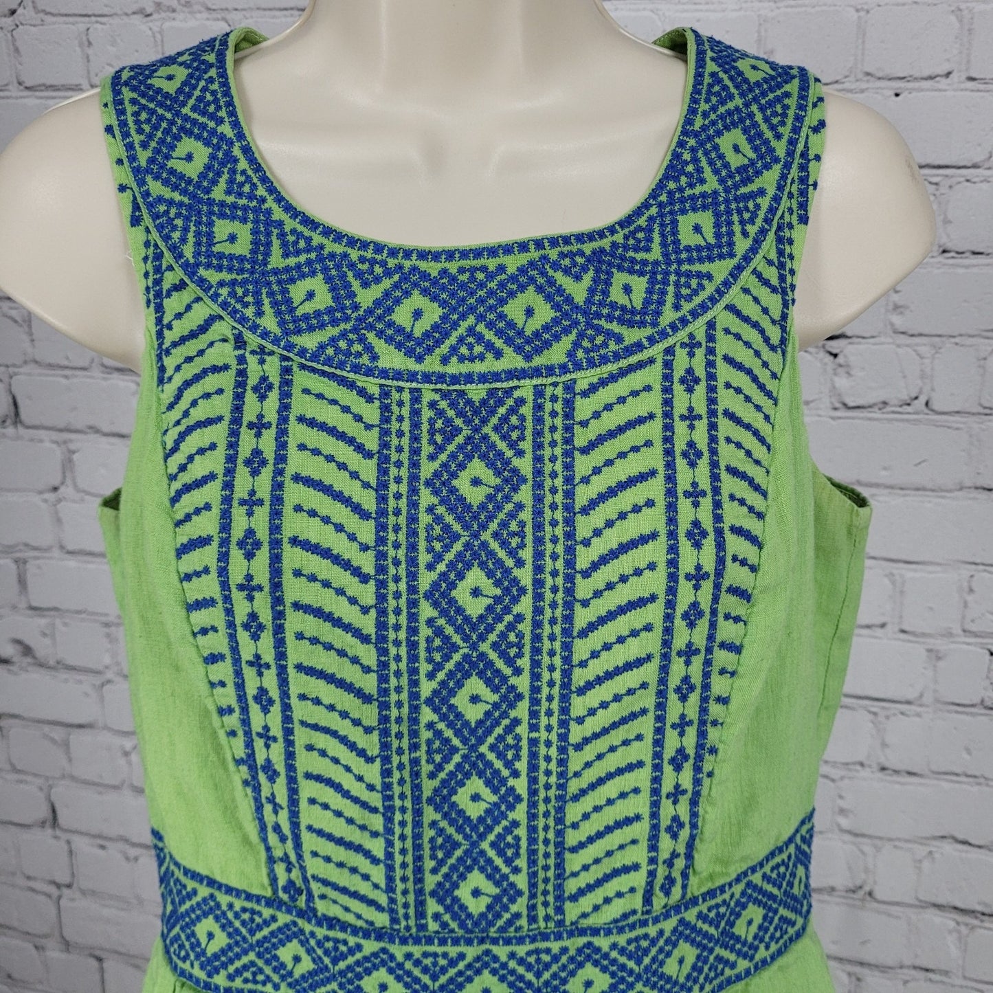 Lands’ End Green 100% Linen Embroidered Sleeveless Lined Short A-Line Dress 6