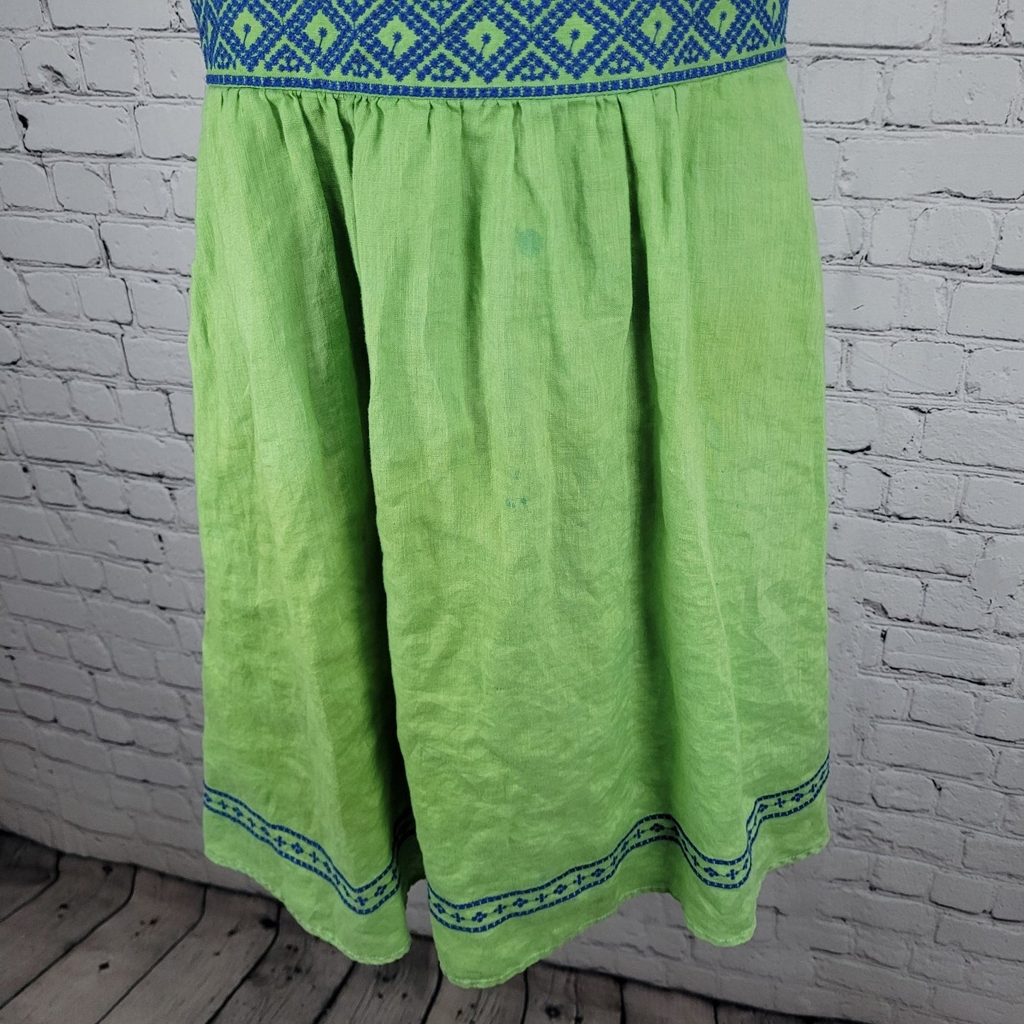 Lands’ End Green 100% Linen Embroidered Sleeveless Lined Short A-Line Dress 6