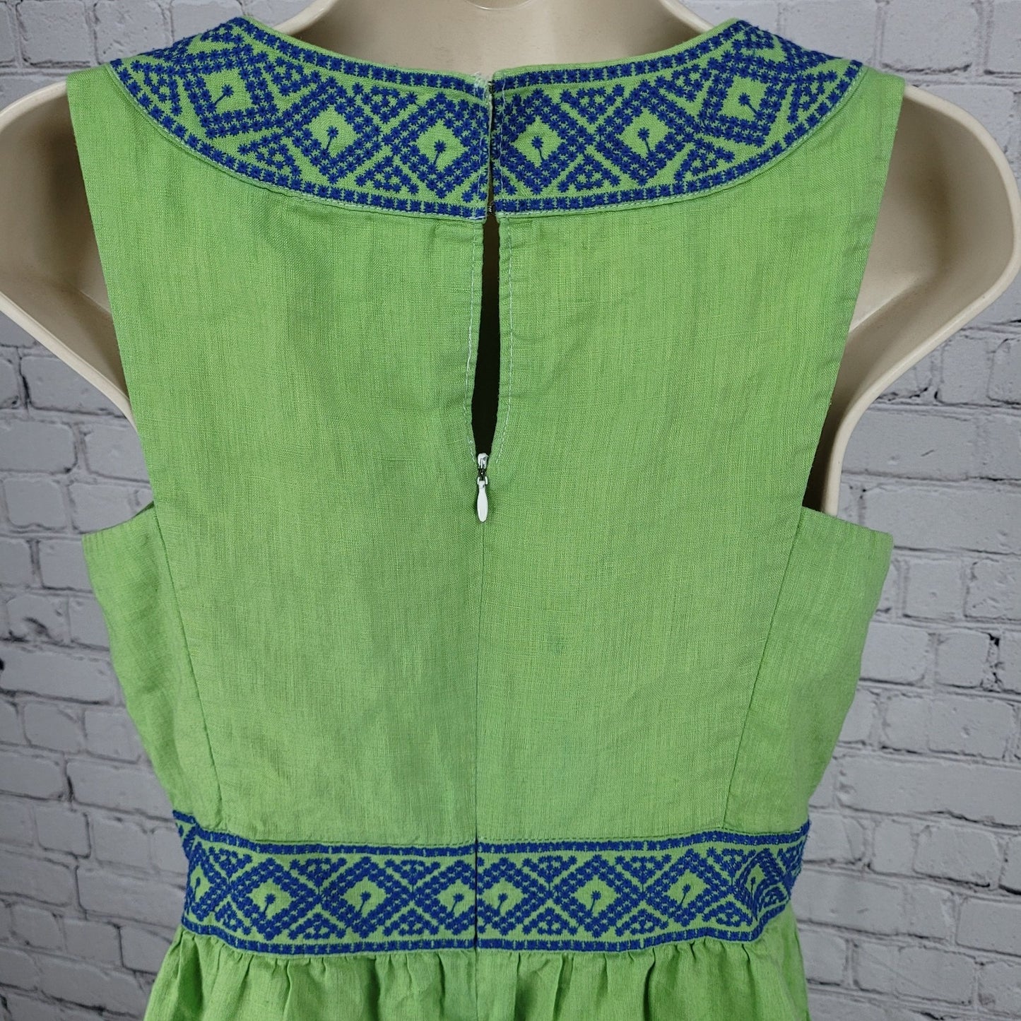 Lands’ End Green 100% Linen Embroidered Sleeveless Lined Short A-Line Dress 6