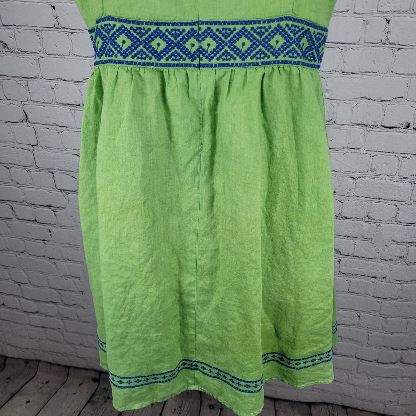 Lands’ End Green 100% Linen Embroidered Sleeveless Lined Short A-Line Dress 6