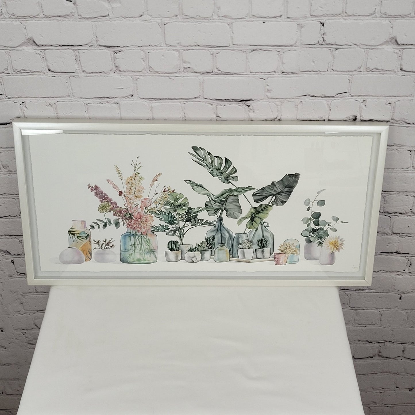 Eyre Tarney Watercolor Print Potted Plants Succulent White Framed Art 29"x14"