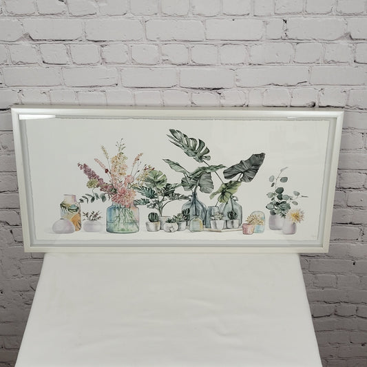 Eyre Tarney Watercolor Print Potted Plants Succulent White Framed Art 29"x14"