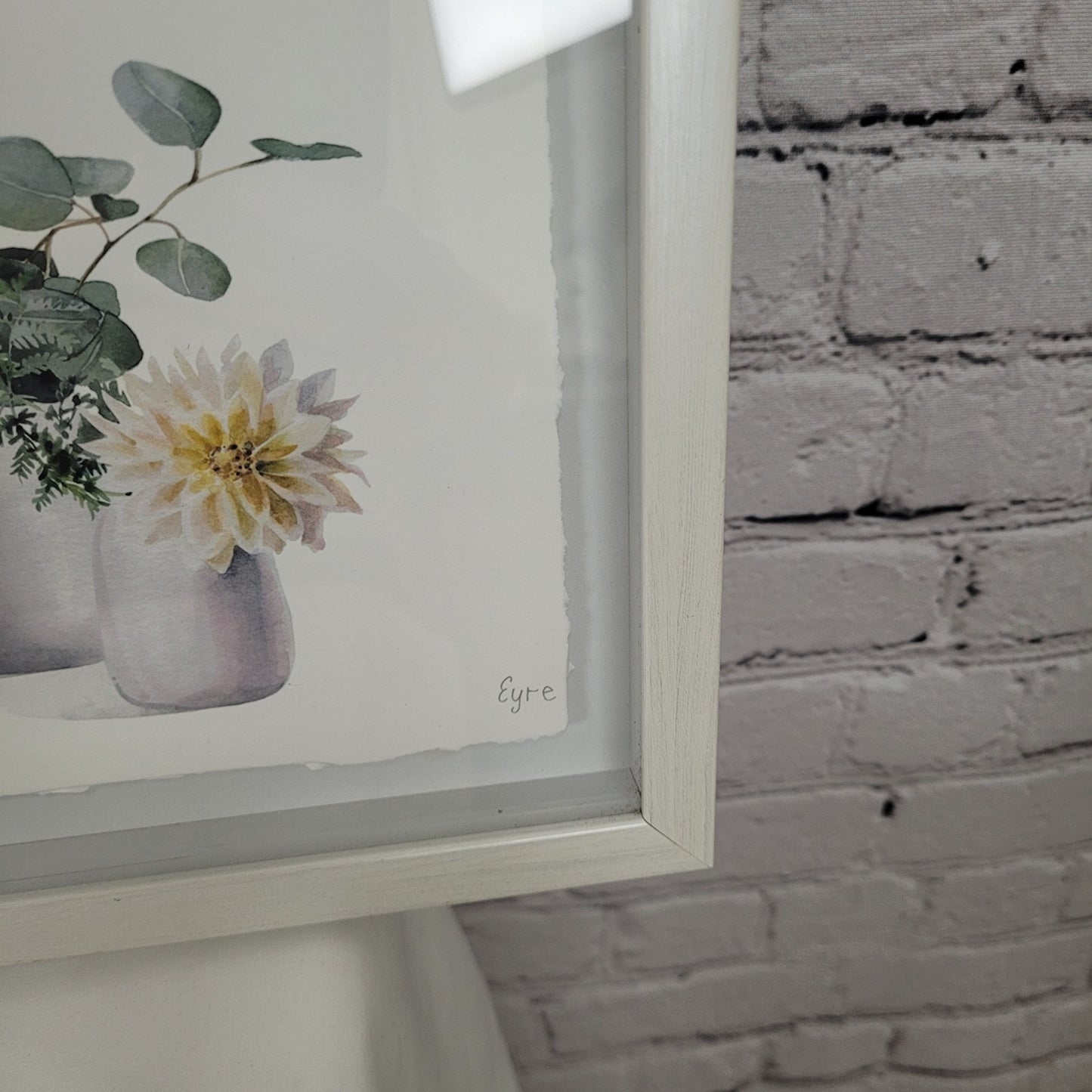 Eyre Tarney Watercolor Print Potted Plants Succulent White Framed Art 29"x14"