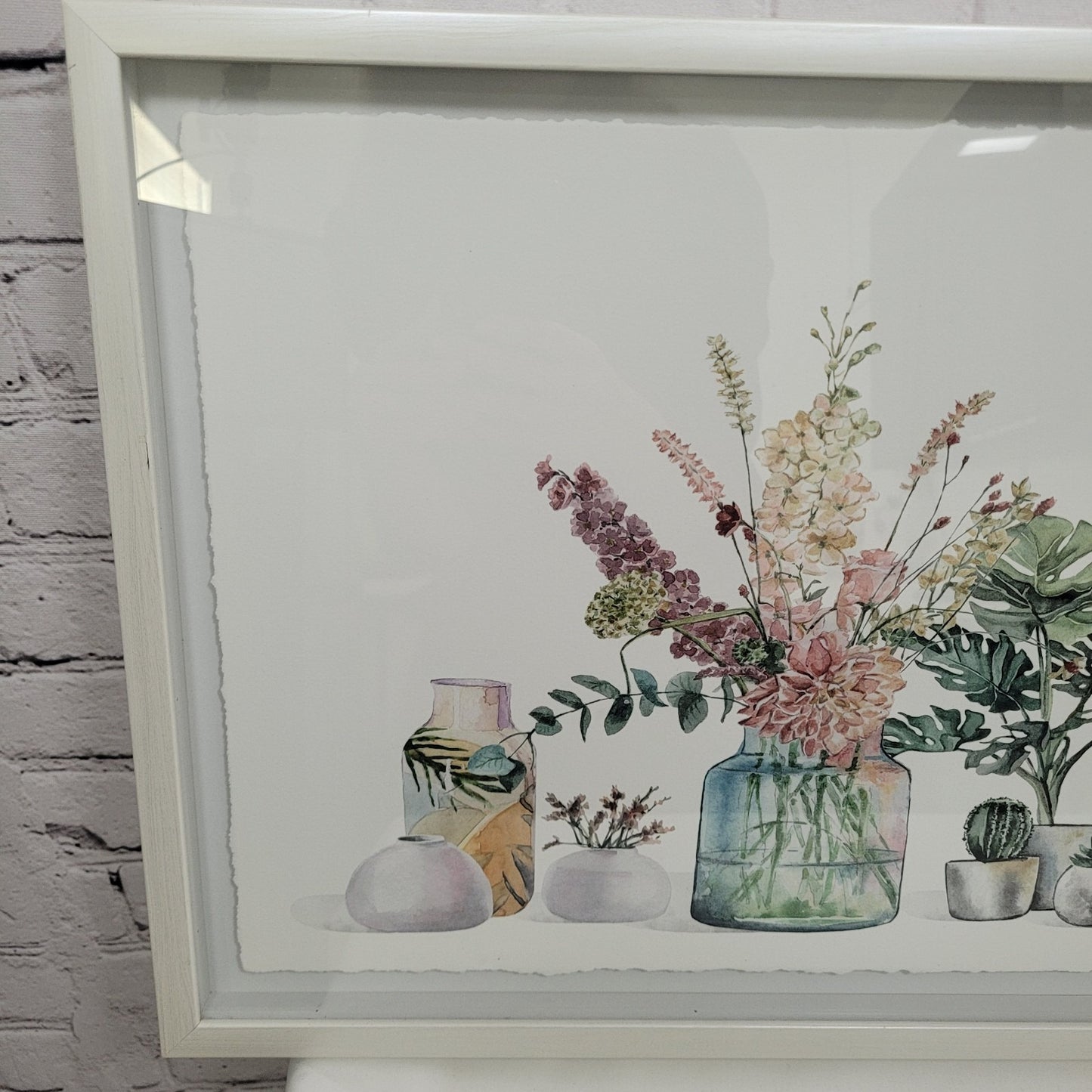 Eyre Tarney Watercolor Print Potted Plants Succulent White Framed Art 29"x14"