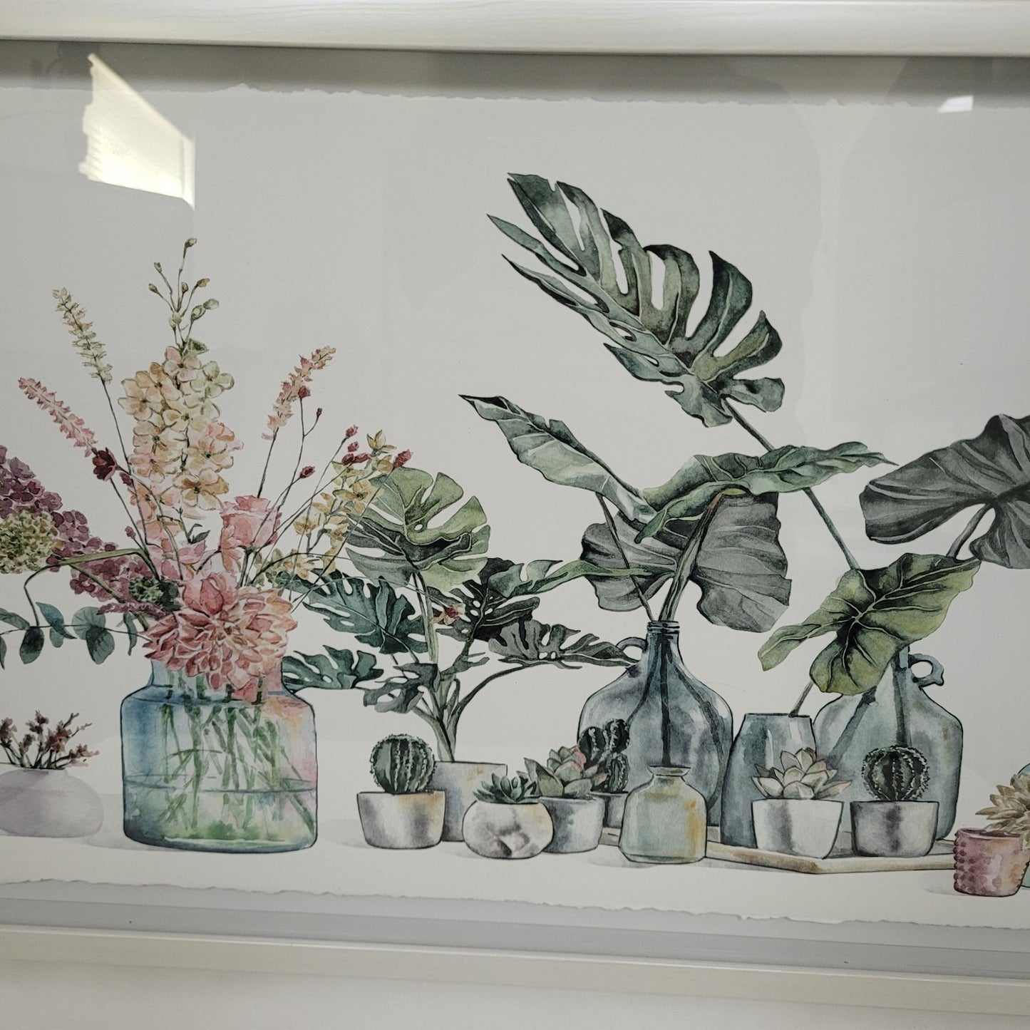 Eyre Tarney Watercolor Print Potted Plants Succulent White Framed Art 29"x14"