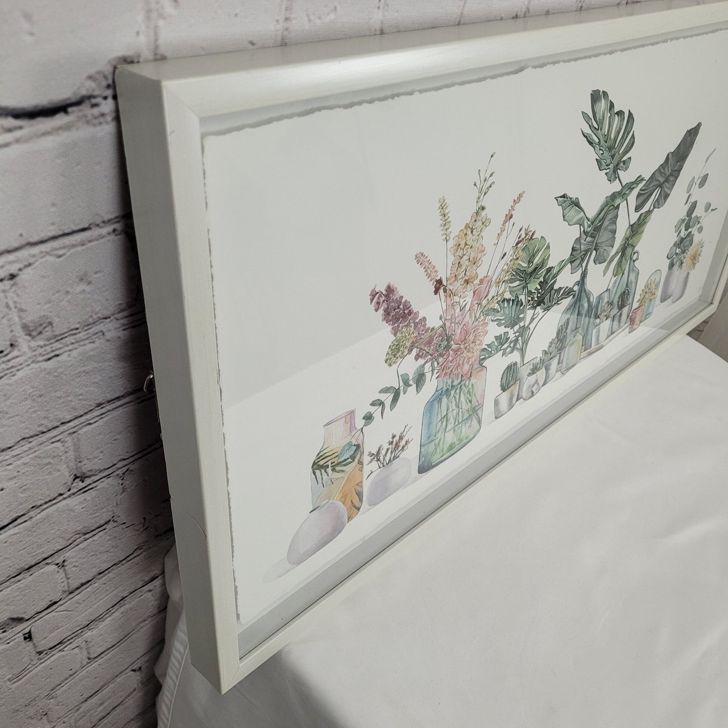 Eyre Tarney Watercolor Print Potted Plants Succulent White Framed Art 29"x14"