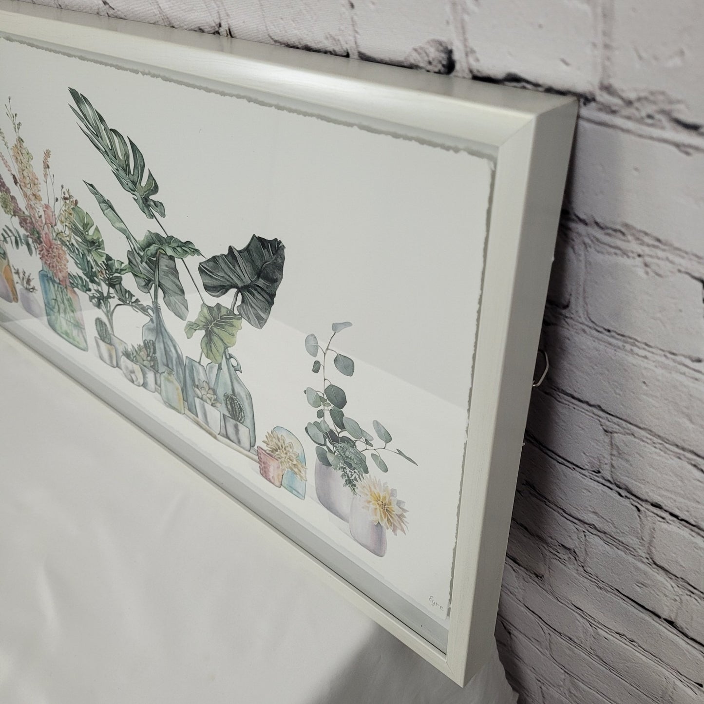 Eyre Tarney Watercolor Print Potted Plants Succulent White Framed Art 29"x14"