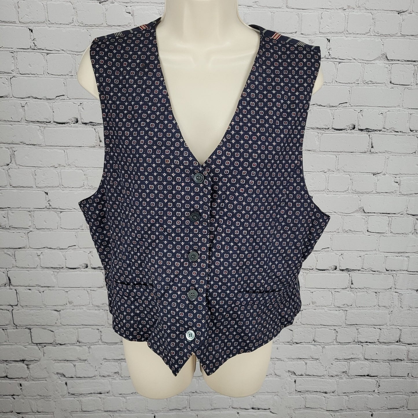 VTG Talbots Navy Geometric Lightweight Buttoned Lined Vest Size Medium M