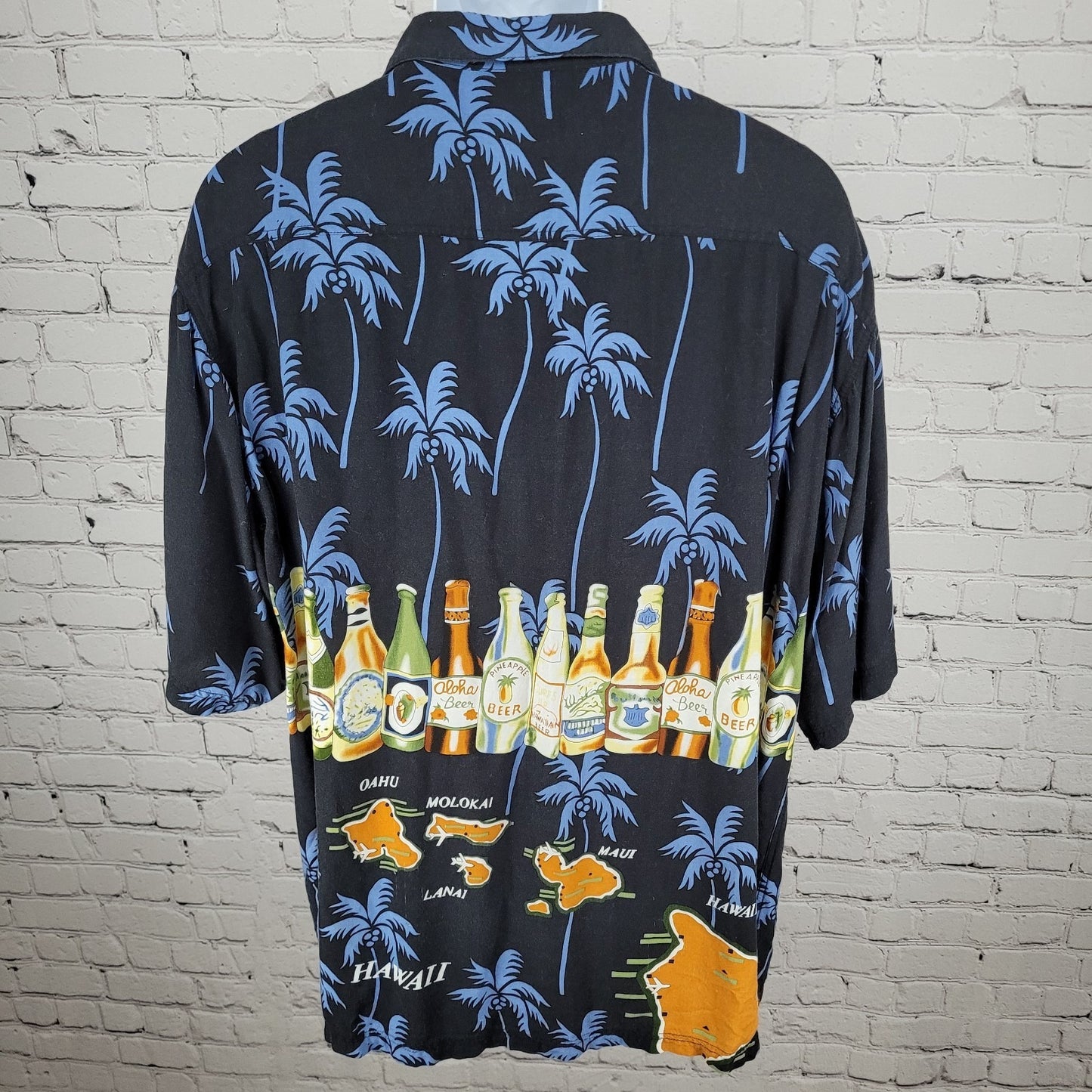 VTG Thumbs Up Black Hawaiian Palm Trees & Beer Button Up Shirt Size XXL