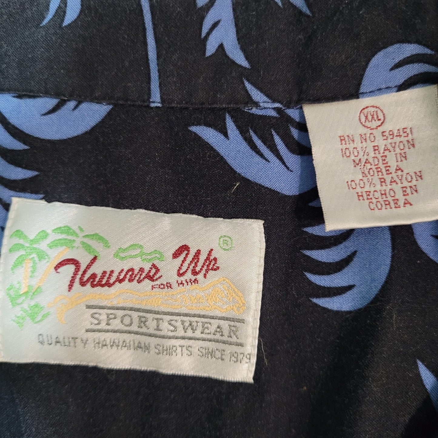 VTG Thumbs Up Black Hawaiian Palm Trees & Beer Button Up Shirt Size XXL