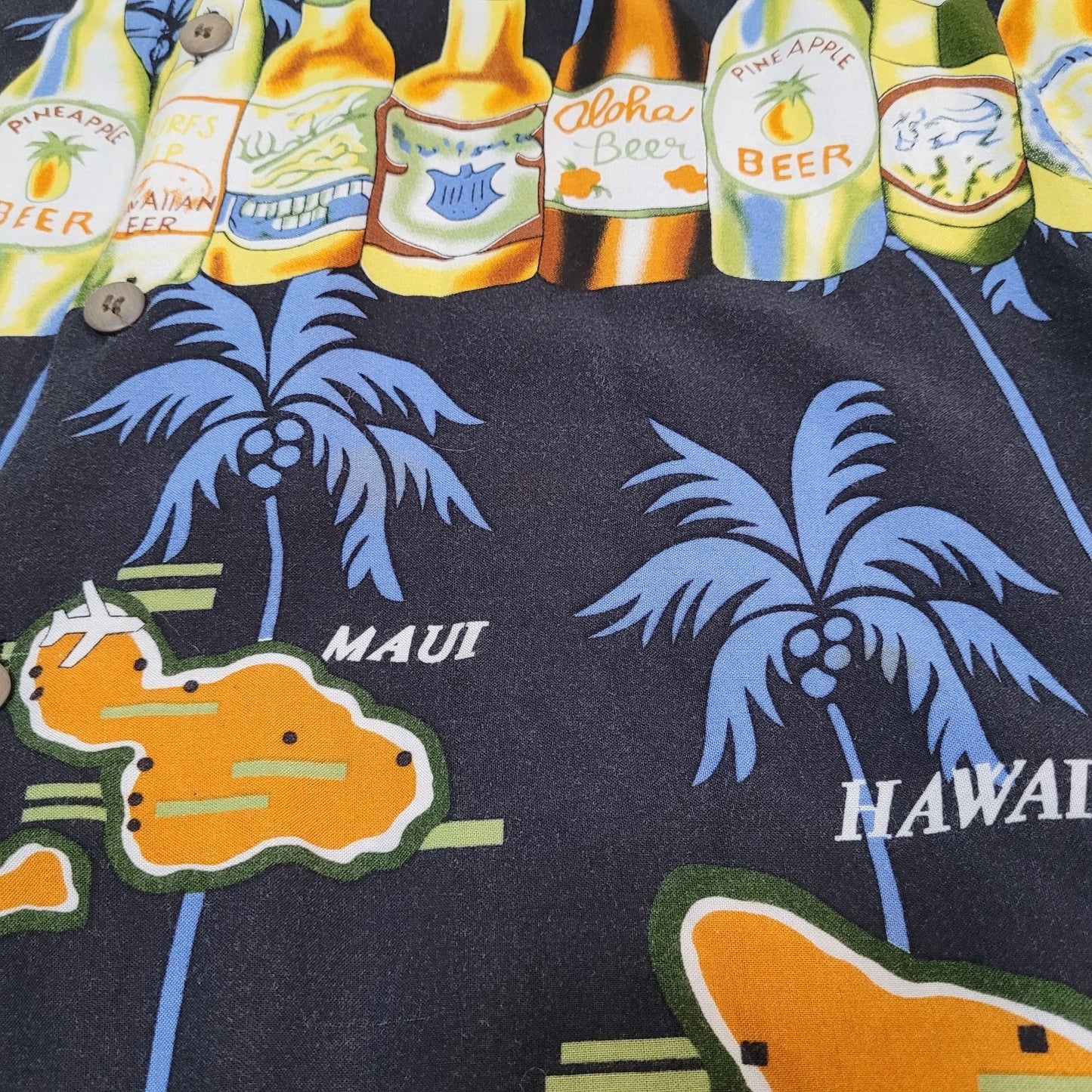 VTG Thumbs Up Black Hawaiian Palm Trees & Beer Button Up Shirt Size XXL
