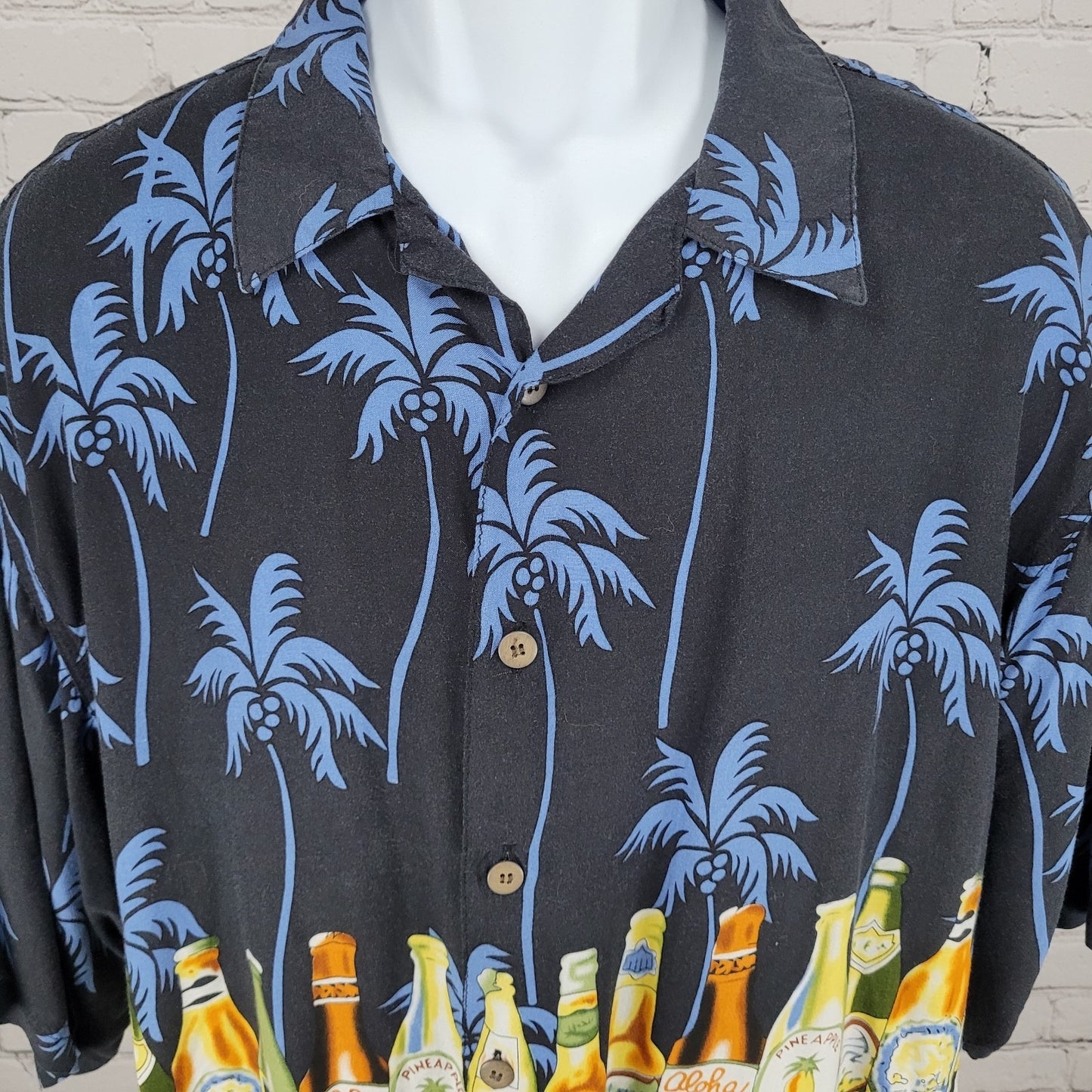 VTG Thumbs Up Black Hawaiian Palm Trees & Beer Button Up Shirt Size XXL